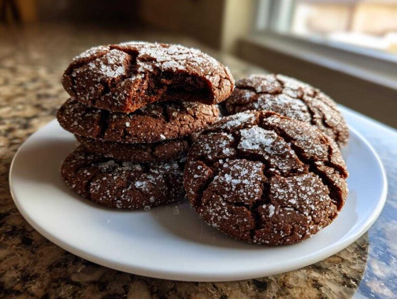 A stack of chewy chocolate gingersnap cookies coated in sparkling sugar on a white plate.