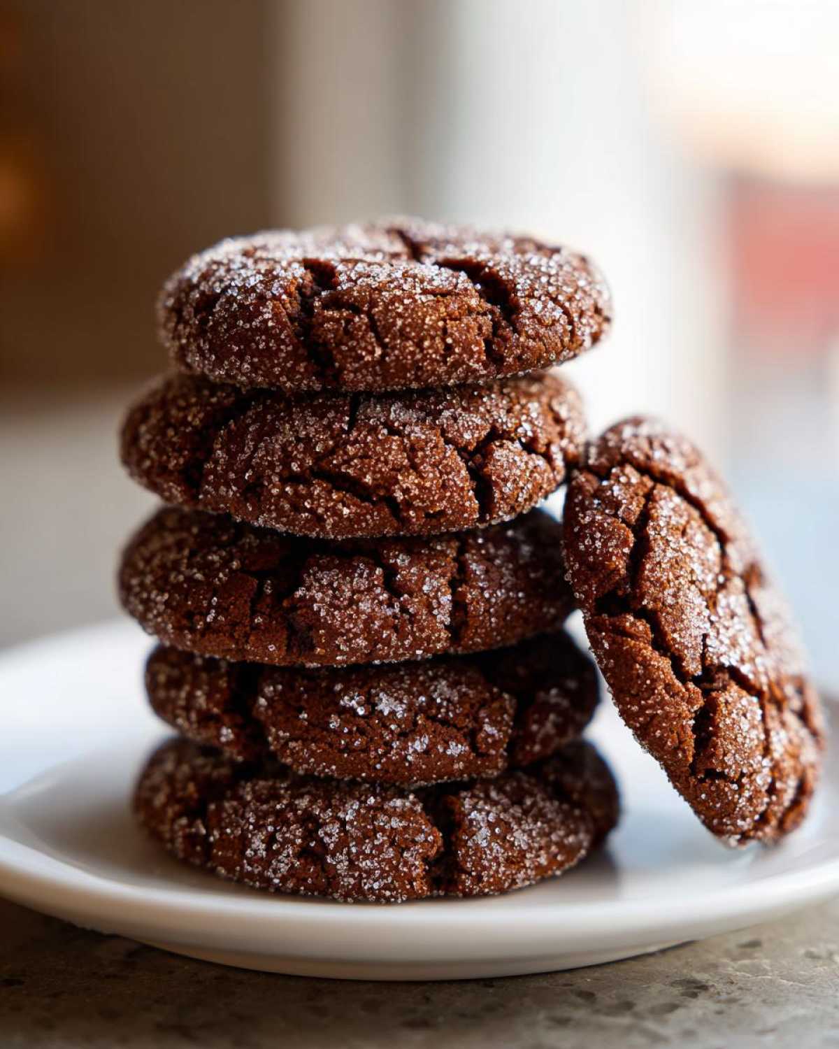 A stack of five chewy gingersnap cookies, heavily coated in sparkling sugar crystals, resting on a white plate.