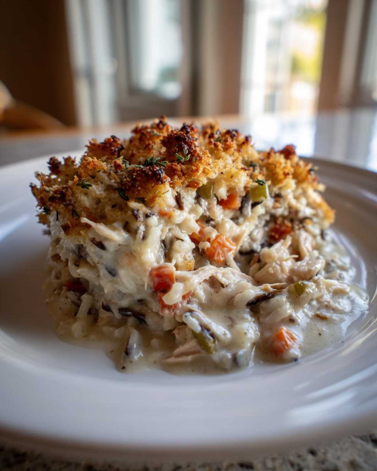 A close-up serving of creamy chicken wild rice casserole with a golden, crunchy topping on a white plate.