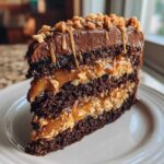 A decadent slice of chocolate caramel toffee crunch cake showing three dark chocolate layers filled with caramel and toffee crunch.