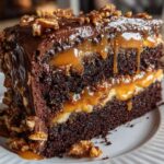 Close-up of a decadent slice of chocolate caramel toffee crunch cake with dripping caramel layers.
