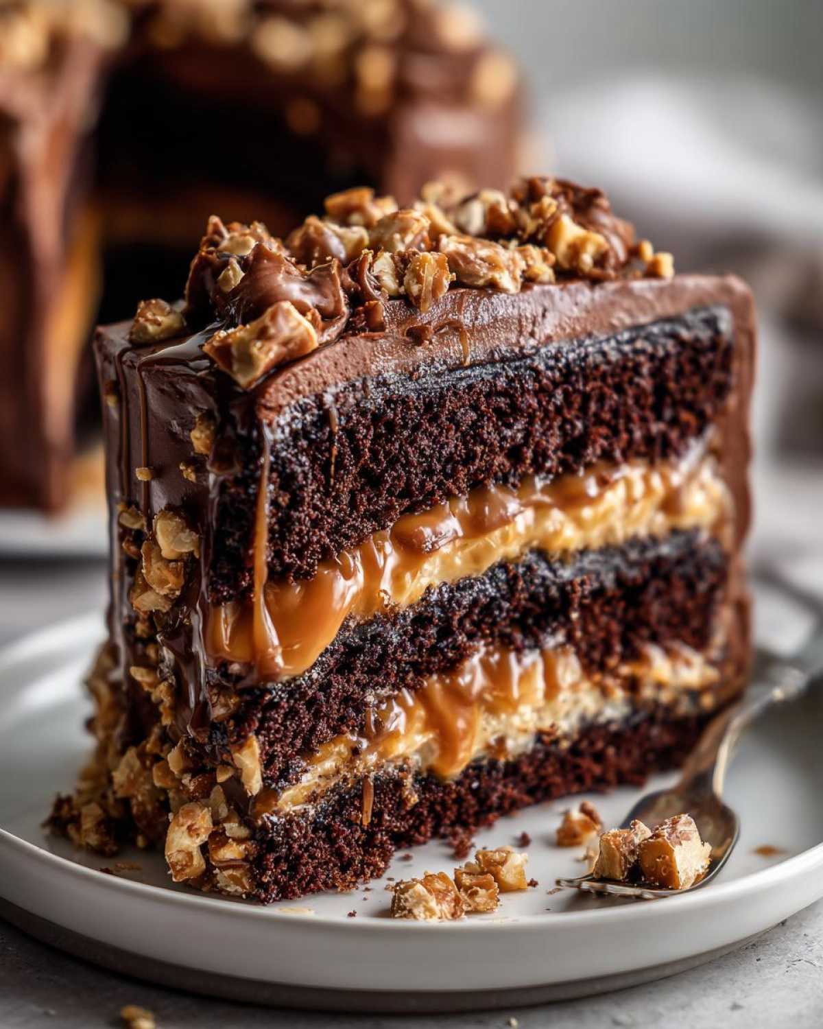 A decadent slice of chocolate caramel toffee crunch cake showing three dark chocolate layers and gooey caramel filling.