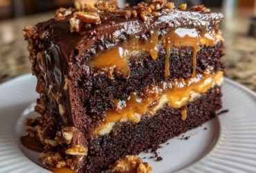 Close-up of a decadent slice of chocolate caramel toffee crunch cake with dripping caramel layers.