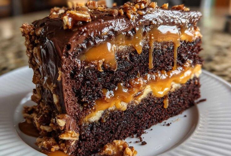 Close-up of a decadent slice of chocolate caramel toffee crunch cake with dripping caramel layers.