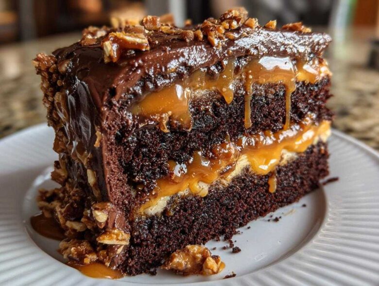 Close-up of a decadent slice of chocolate caramel toffee crunch cake with dripping caramel layers.