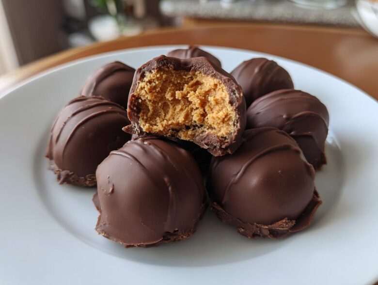 A pile of chocolate-covered peanut butter balls on a white plate, one is bitten open showing the creamy filling.