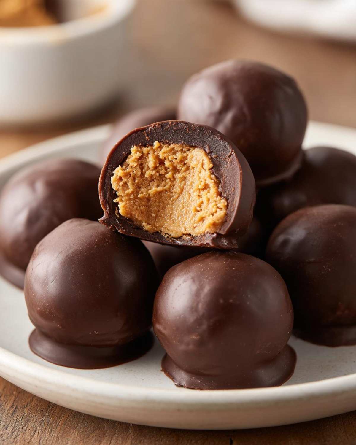 A close-up of chocolate covered peanut butter balls, one cut in half showing the creamy peanut butter filling.