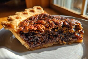 Close-up of a rich, gooey slice of chocolate pecan pie showing the flaky crust and dark filling.