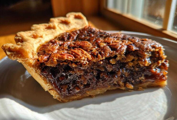 Close-up of a rich, gooey slice of chocolate pecan pie showing the flaky crust and dark filling.