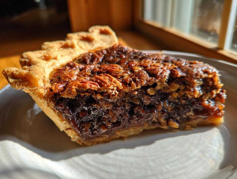 Close-up of a rich, gooey slice of chocolate pecan pie showing the flaky crust and dark filling.