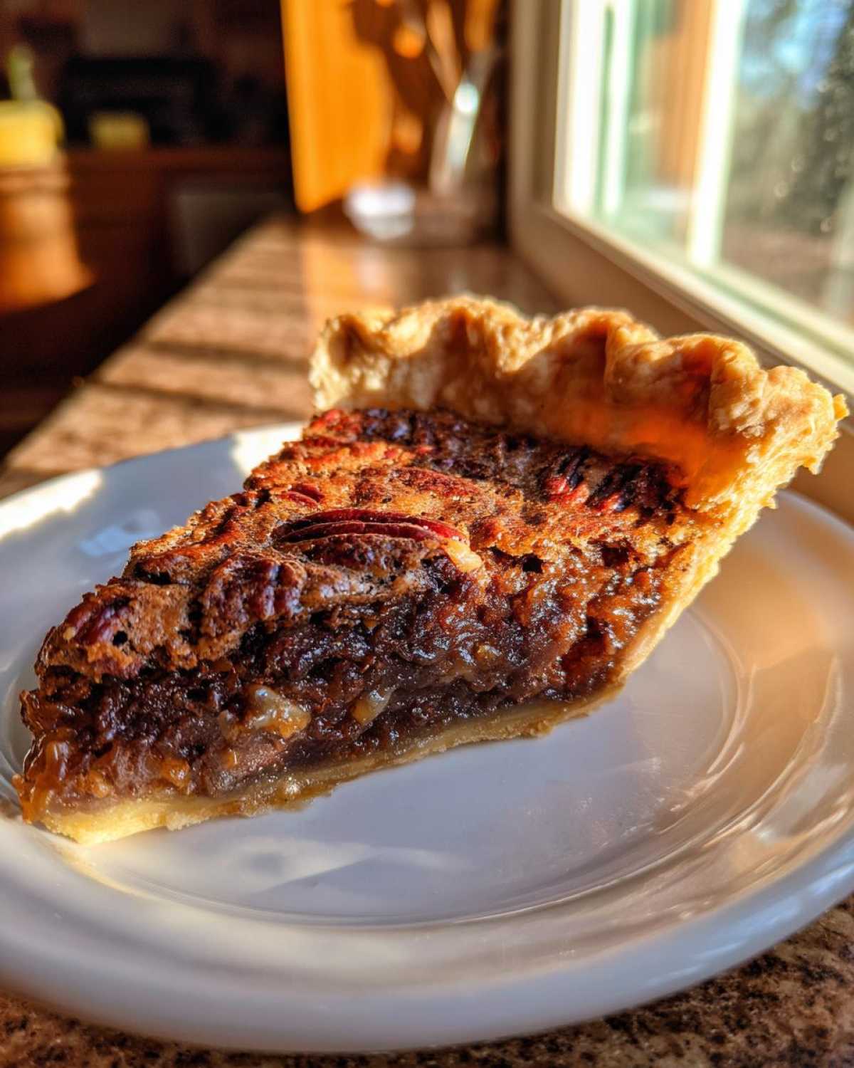 A close-up slice of amazing chocolate pecan pie sitting on a white plate, backlit by warm sunlight.