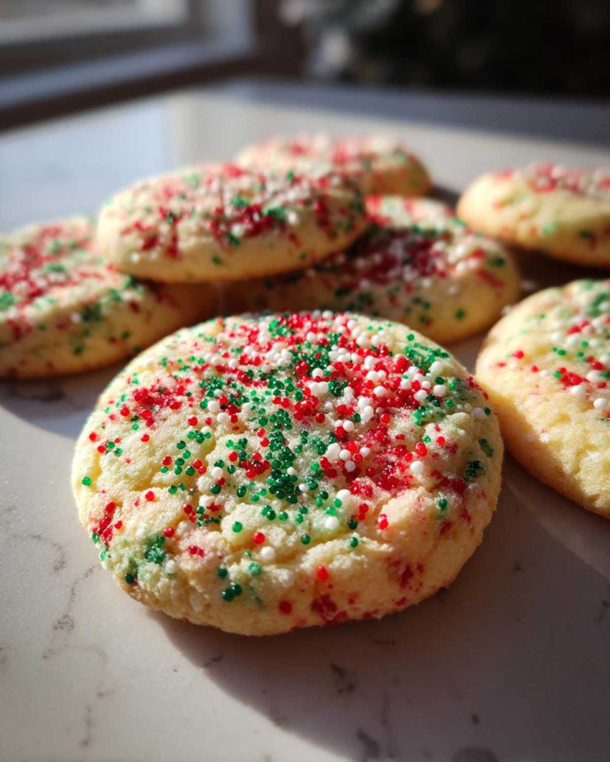 A close-up of freshly baked christmas sprinkle sugar cookies topped with red, green, and white nonpareils.