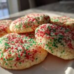 A close-up shot of soft, round christmas sprinkle sugar cookies topped with red and green sprinkles.