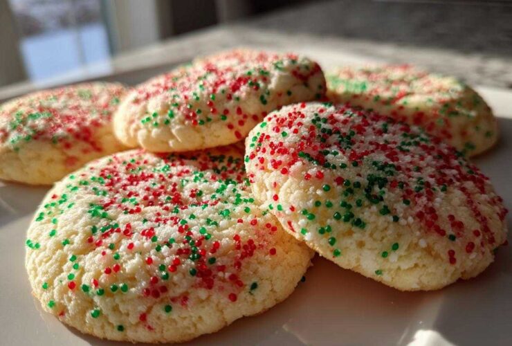 A close-up shot of soft, round christmas sprinkle sugar cookies topped with red and green sprinkles.