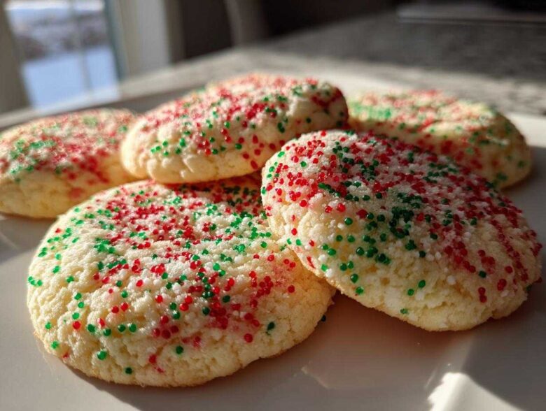 A close-up shot of soft, round christmas sprinkle sugar cookies topped with red and green sprinkles.