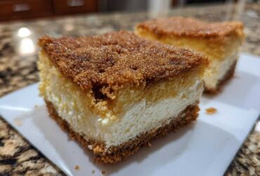 Two slices of rich churro cheesecake with a thick cinnamon-sugar topping served on a white plate.