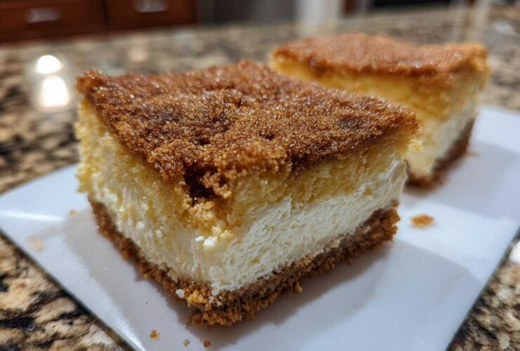 Two slices of rich churro cheesecake with a thick cinnamon-sugar topping served on a white plate.