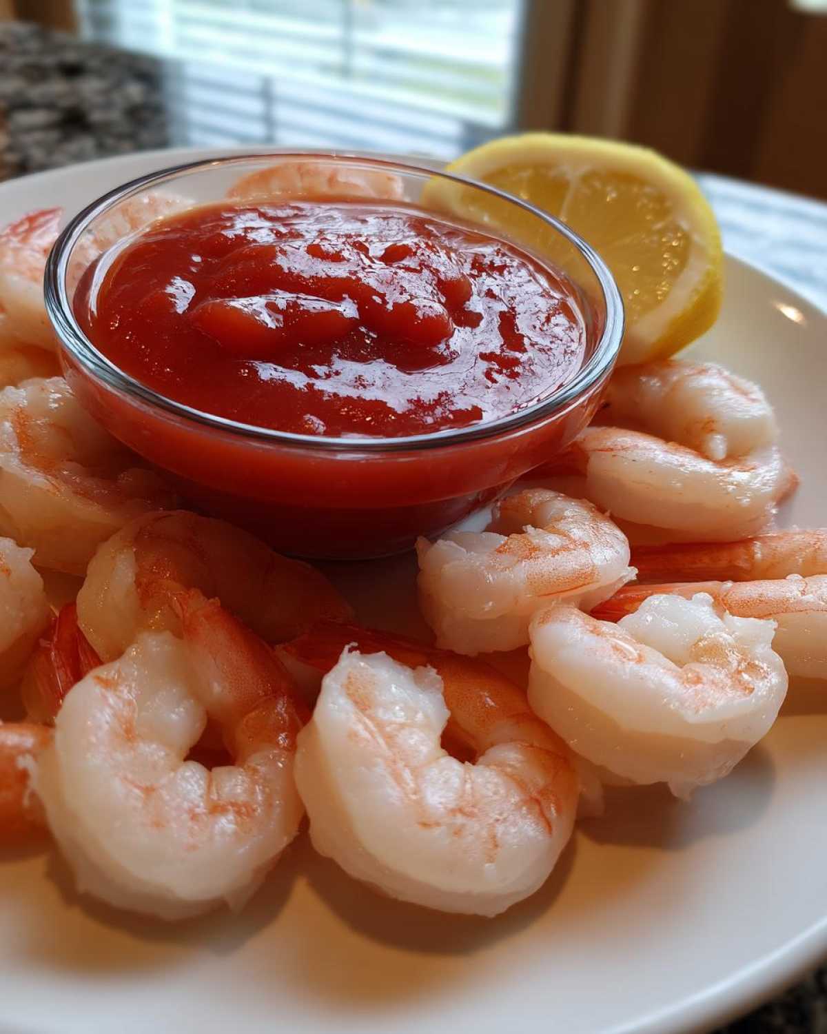 Close-up of cooked, chilled shrimp arranged around a glass bowl of red cocktail sauce, garnished with a lemon wedge for a perfect shrimp cocktail.
