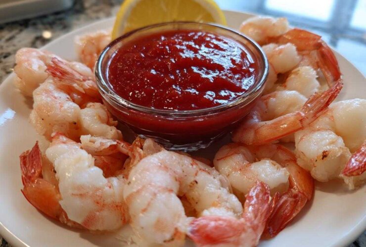 A plate of chilled, cooked shrimp arranged around a small bowl of bright red cocktail sauce, garnished with a lemon wedge for a perfect shrimp cocktail.
