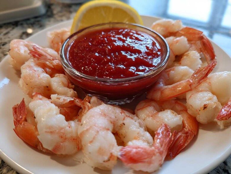 A plate of chilled, cooked shrimp arranged around a small bowl of bright red cocktail sauce, garnished with a lemon wedge for a perfect shrimp cocktail.