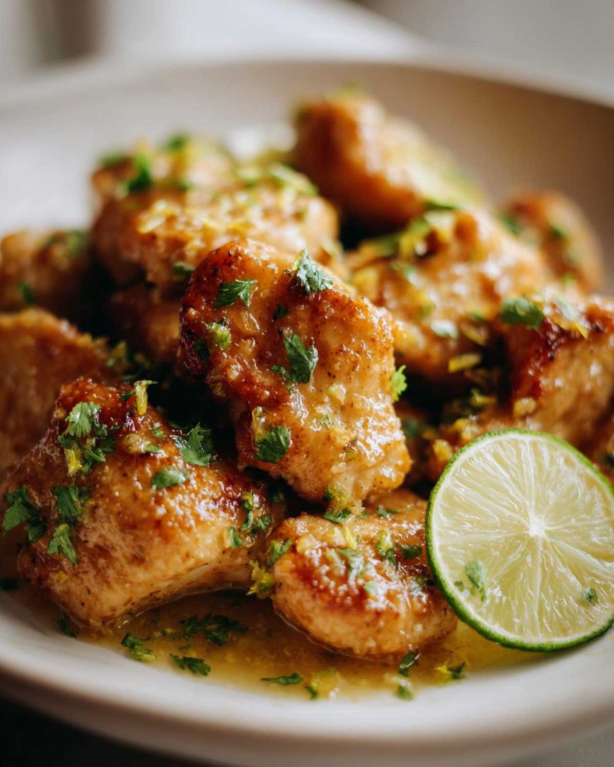 Close-up of glazed coconut lime chicken pieces garnished with fresh parsley and a bright lime slice.