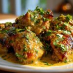 Close-up of juicy coconut lime chicken pieces covered in a rich sauce and fresh cilantro.