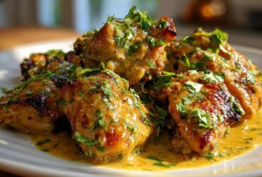 Close-up of juicy coconut lime chicken pieces covered in a rich sauce and fresh cilantro.