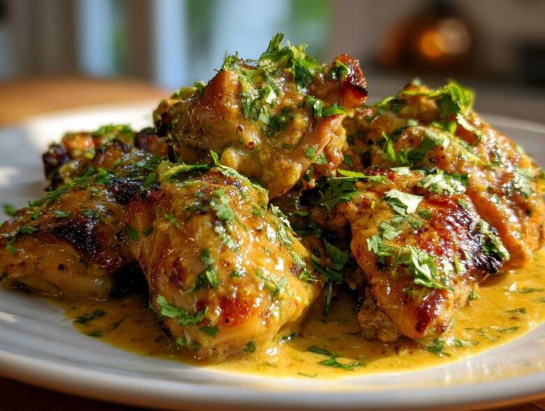 Close-up of juicy coconut lime chicken pieces covered in a rich sauce and fresh cilantro.