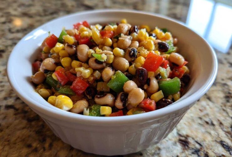 Close-up of vibrant cowboy caviar salad featuring black-eyed peas, corn, and diced peppers in a white bowl.
