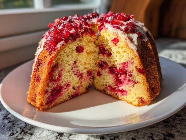 A slice of moist cranberry orange cake, showing bright red cranberries embedded in the yellow crumb, topped with white glaze and chopped cranberries.