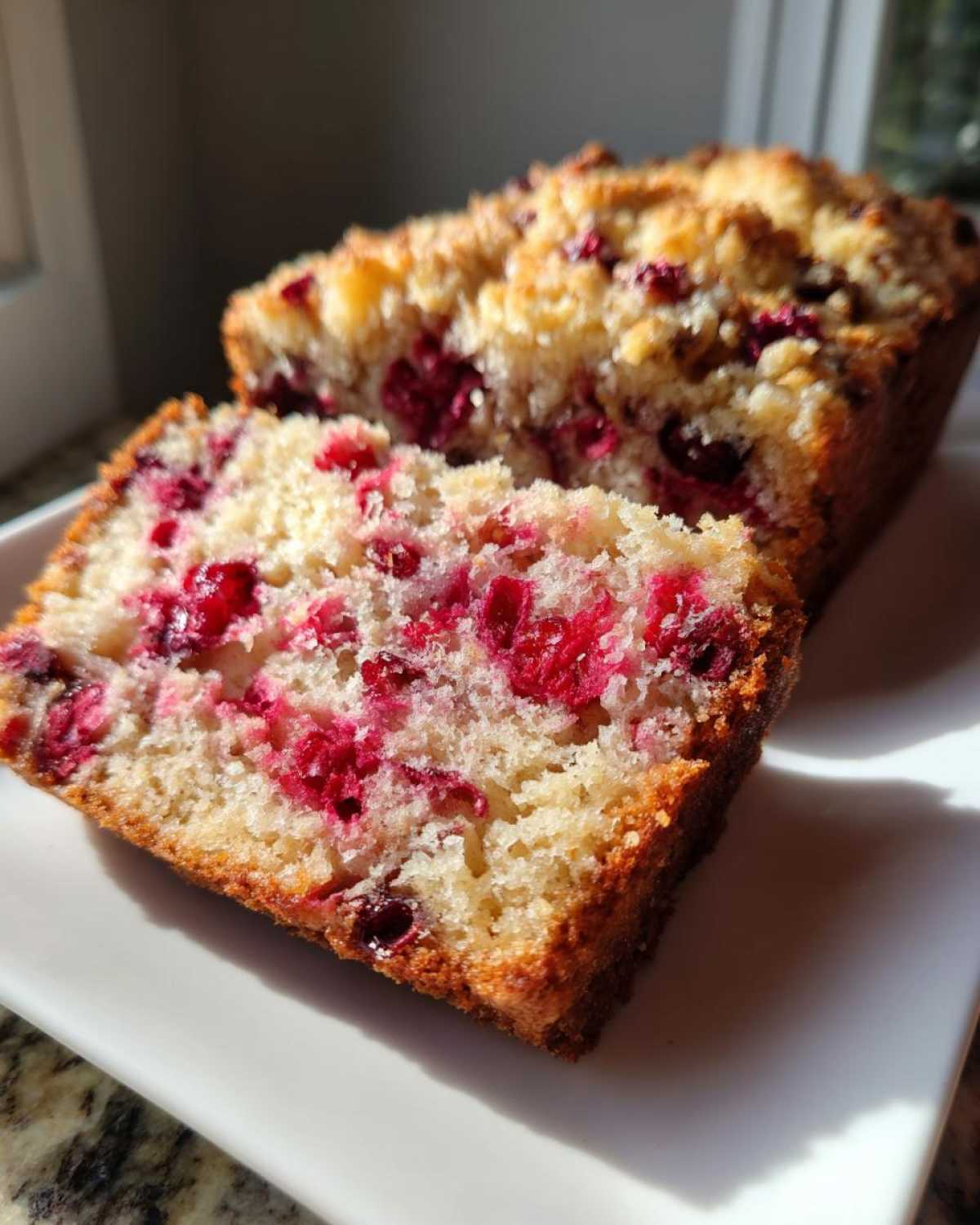 Close-up of a thick slice of moist cranberry walnut bread showing bright red cranberries and a golden crumb topping.