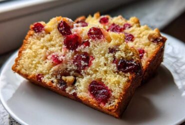 Two thick slices of moist cranberry walnut bread, studded with bright red cranberries and walnuts, resting on a white plate.
