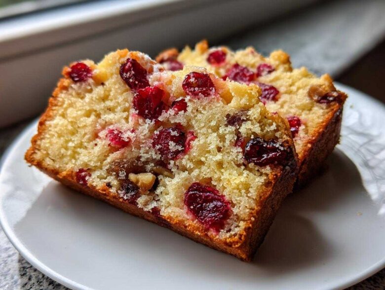 Two thick slices of moist cranberry walnut bread, studded with bright red cranberries and walnuts, resting on a white plate.