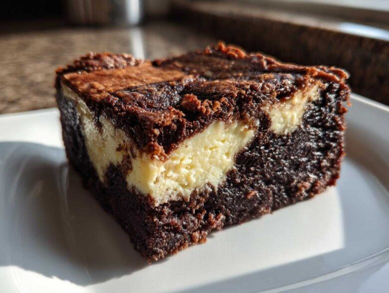 A close-up of a fudgy cream cheese brownies slice showing the dark chocolate base and creamy white swirl.
