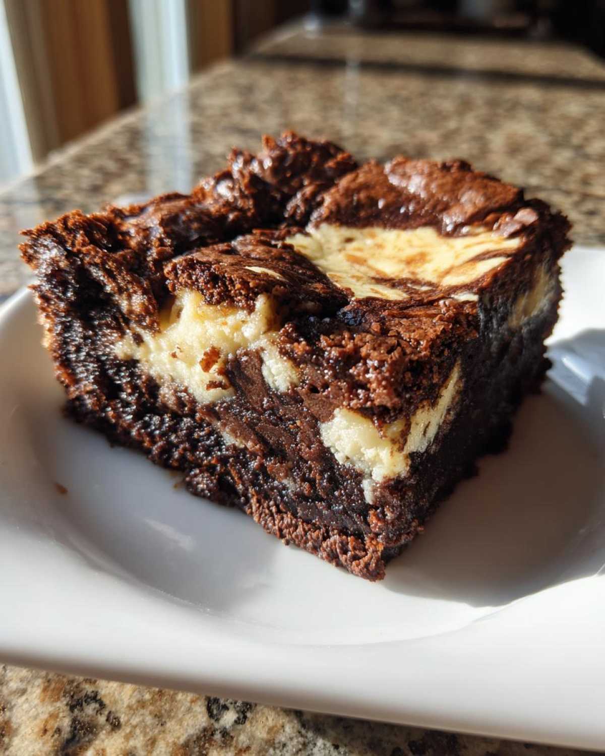 A rich, fudgy square of cream cheese brownies with a visible cheesecake swirl on top.
