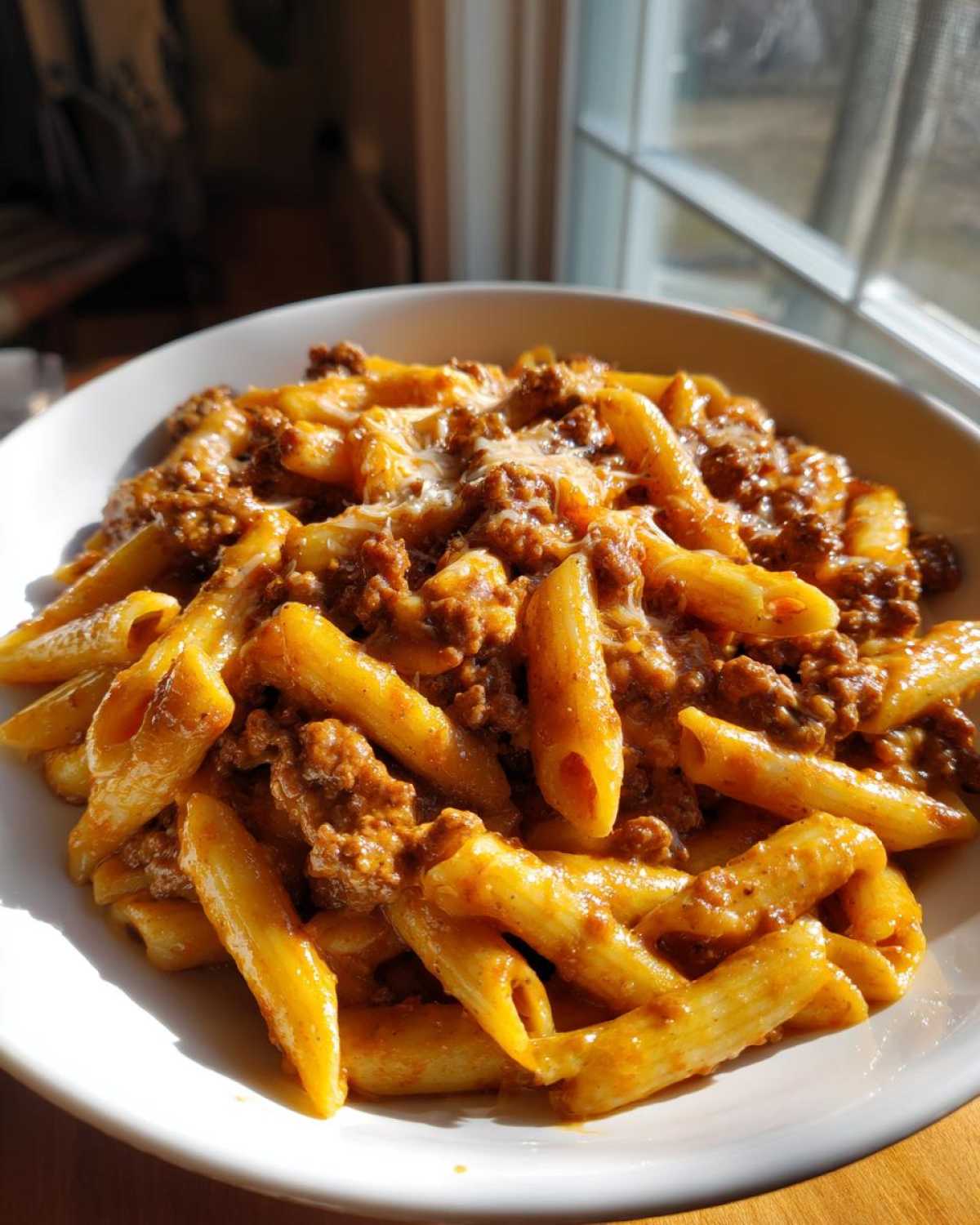 A close-up shot of a white bowl filled with creamy beef pasta (penne) topped with melted cheese, lit by sunlight from a window.