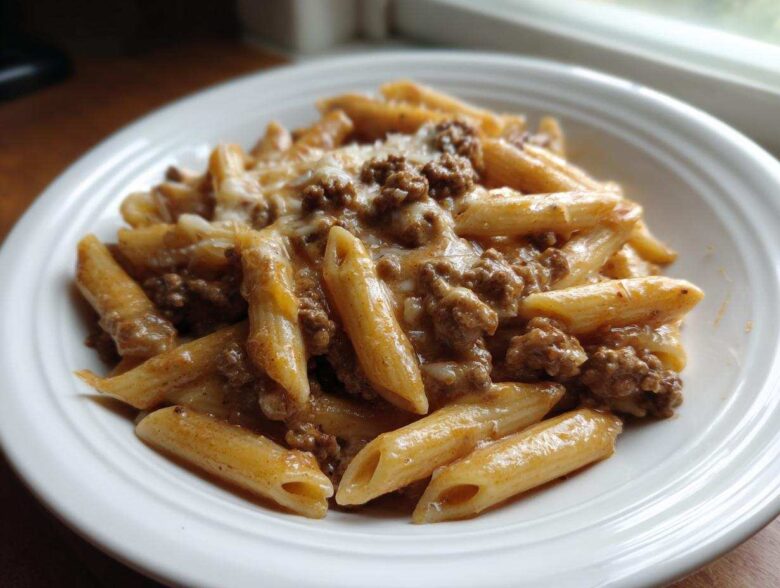 Close-up of a white bowl filled with creamy beef pasta made with penne noodles and ground beef sauce.