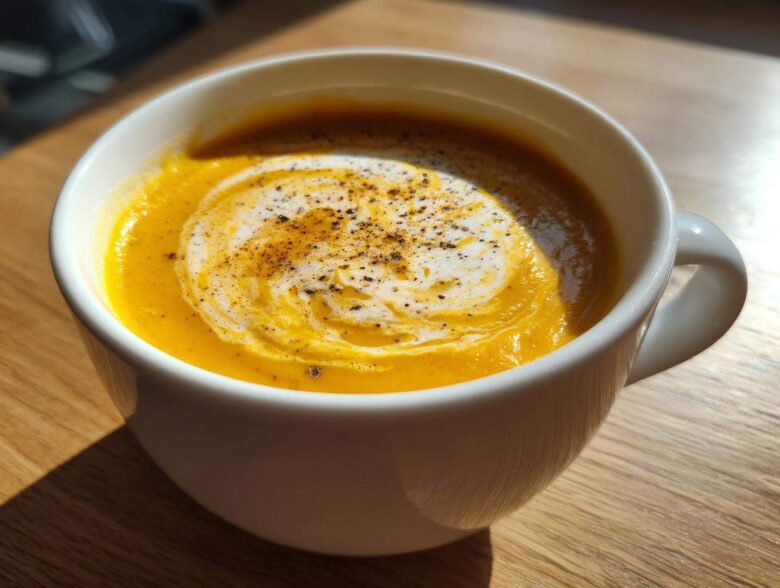 Close-up of bright orange cauliflower soup in a white mug, swirled with cream and topped with fresh black pepper.
