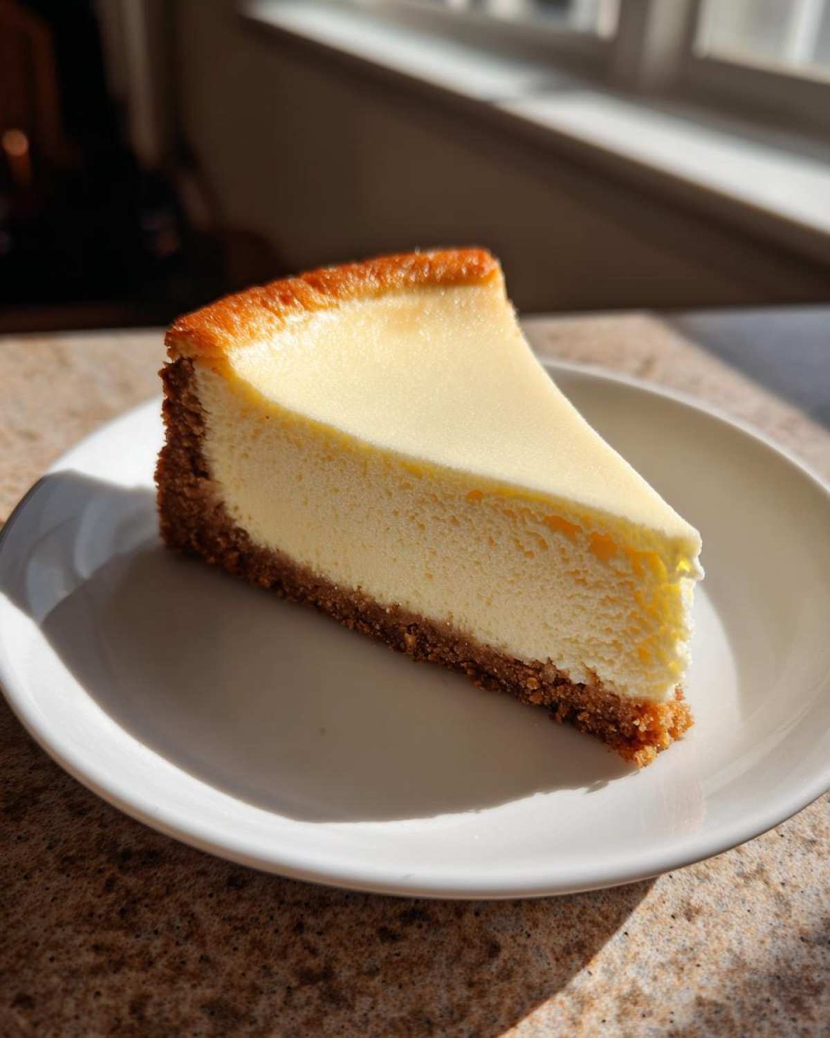 A perfect slice of creamy cheesecake recipe on a white plate, highlighted by natural sunlight.
