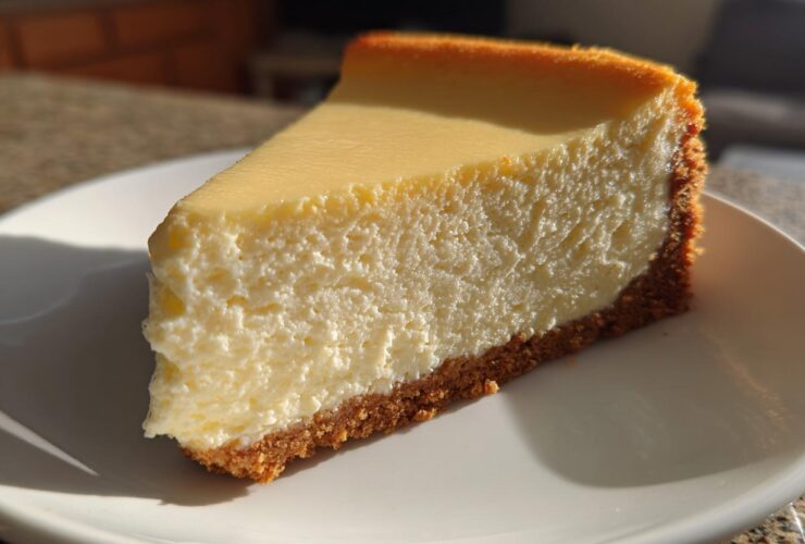 A perfect slice of creamy cheesecake recipe on a white plate, showing a thick graham cracker crust.