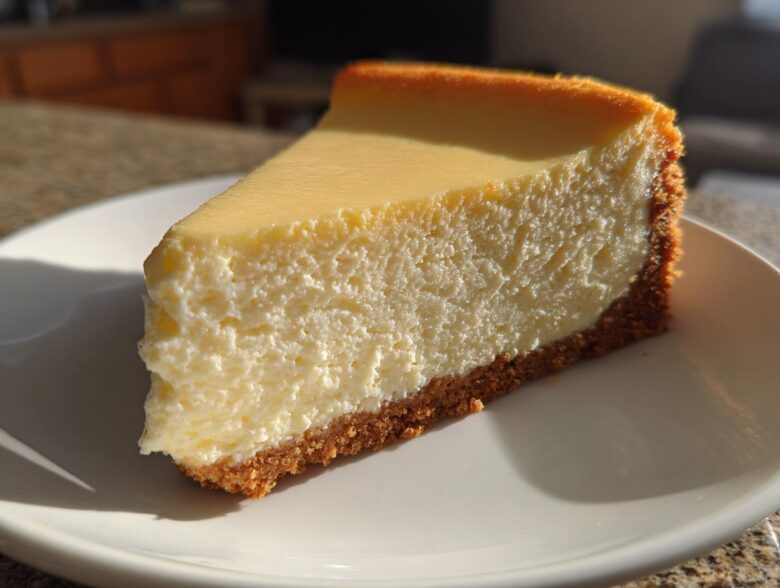 A perfect slice of creamy cheesecake recipe on a white plate, showing a thick graham cracker crust.