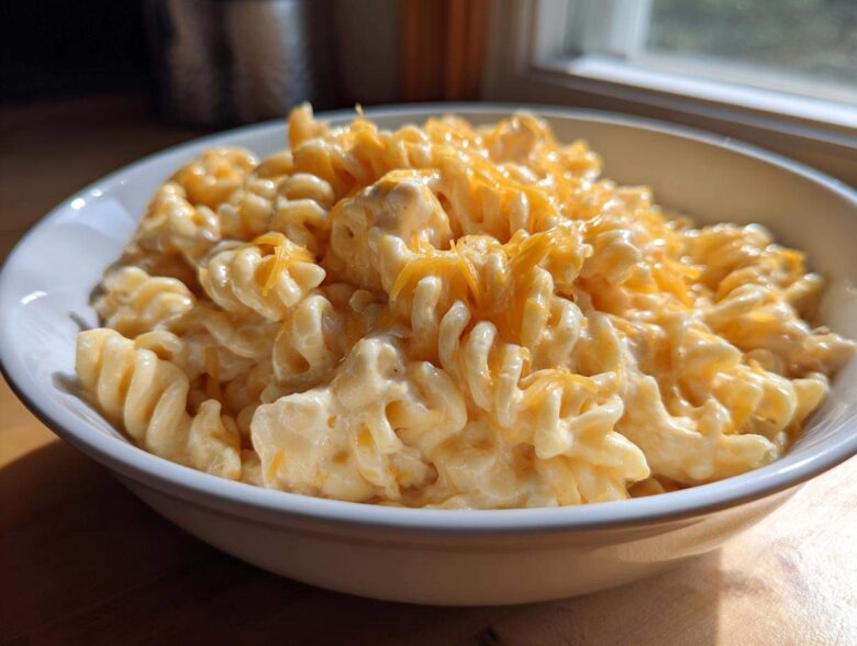 A close-up of creamy cheesy chicken pasta made with rotini noodles, topped with melted cheddar cheese.