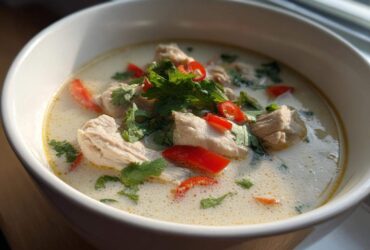 Close-up of a white bowl filled with creamy chicken coconut soup, garnished with fresh cilantro and red chili slices.
