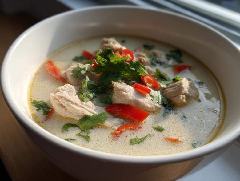 Close-up of a white bowl filled with creamy chicken coconut soup, garnished with fresh cilantro and red chili slices.