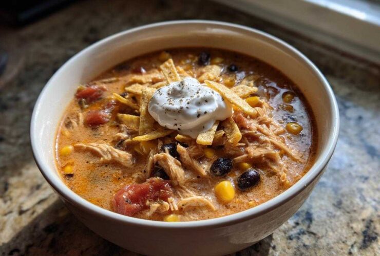 Close-up of a creamy chicken tortilla soup topped with sour cream, tortilla strips, corn, and black beans.