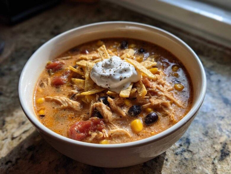 Close-up of a creamy chicken tortilla soup topped with sour cream, tortilla strips, corn, and black beans.