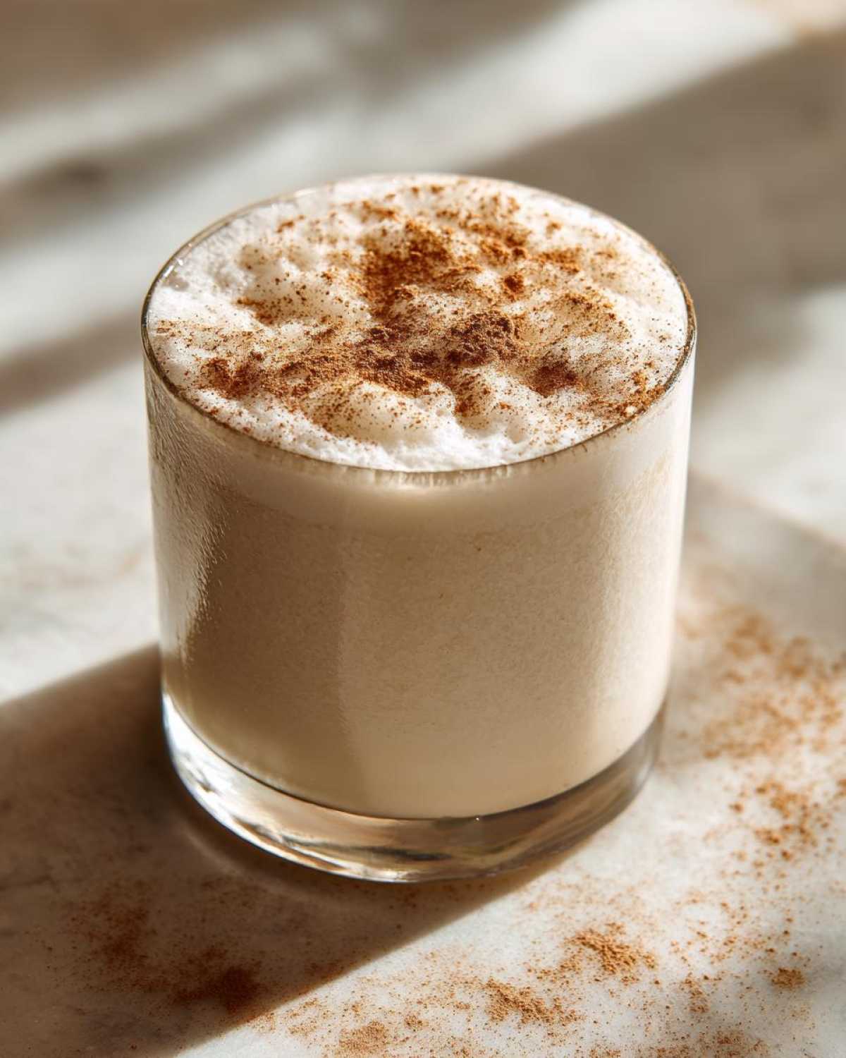 A glass of creamy, frothy coquito topped generously with ground cinnamon.