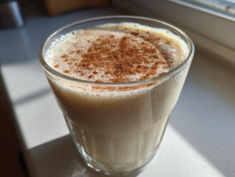 Close-up of a glass filled with creamy coquito recipe, topped with a generous dusting of ground cinnamon.