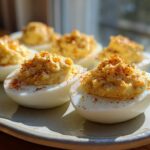 Close-up of creamy deviled eggs topped with paprika, sitting on a plate in natural light.