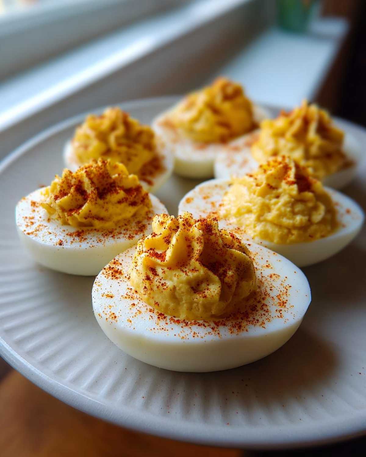 Close-up of six perfectly piped deviled eggs sprinkled with paprika on a white plate.